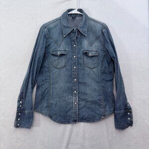 GAP Denim Shirt Womens L Blue Outdoor Western Pearl Snap Pockets Stretch